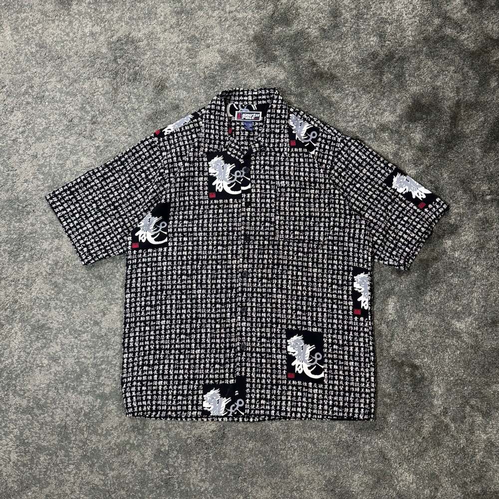 Southpole Y2K Japanese Script All Over Print Dragon Button Up Short Sleeve